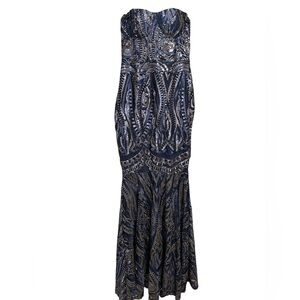 CLUB LONDON WOMEN'S SWEETHEART LONG SEQUIN STRAPLESS NAVY/GOLD DRESS SIZE US 10